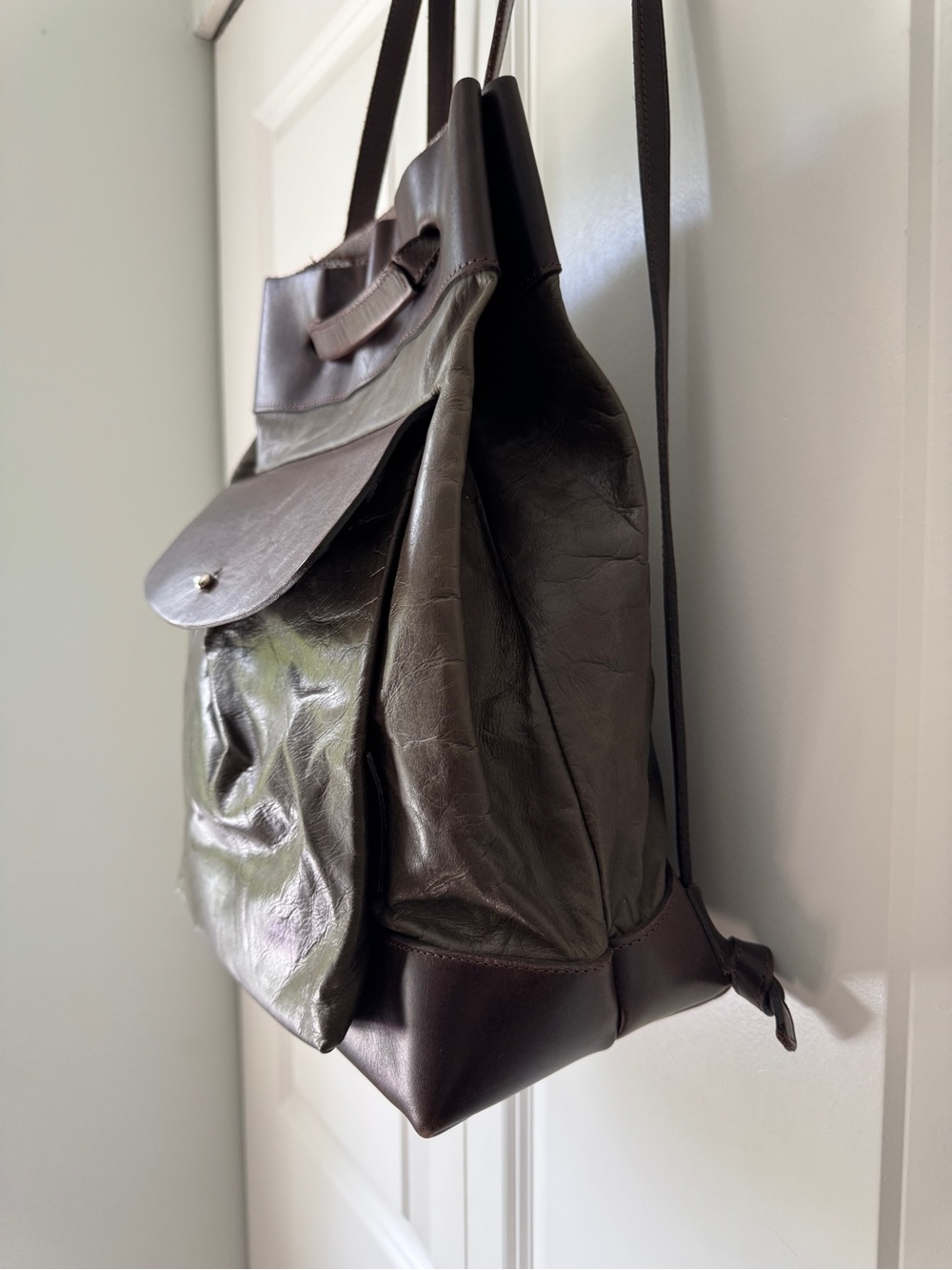 m0851 Leather Convertible Backpack Tote Bag Two Tone Olive Brown Made in Canada - Picture 8 of 14